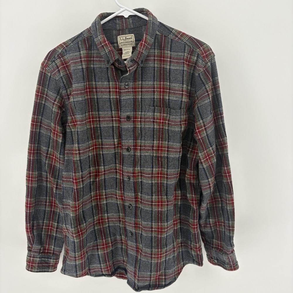 LL Bean Mens M Slightly Fitted Plaid Flannel Shirt Red Gray Blue Green Cotton